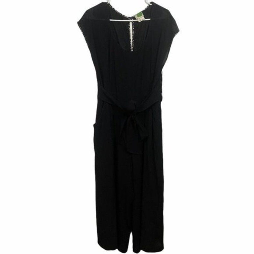 Anthropologie Plus Size Black Tie Waist Wide Leg Jumpsuit